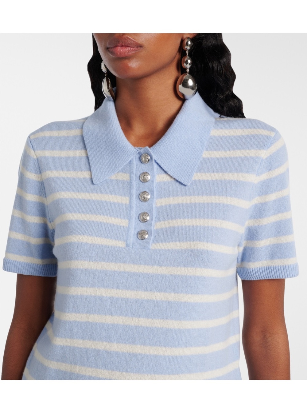 Veronica Beard Bluebell & Cream Striped Polo Cashmere Sweater